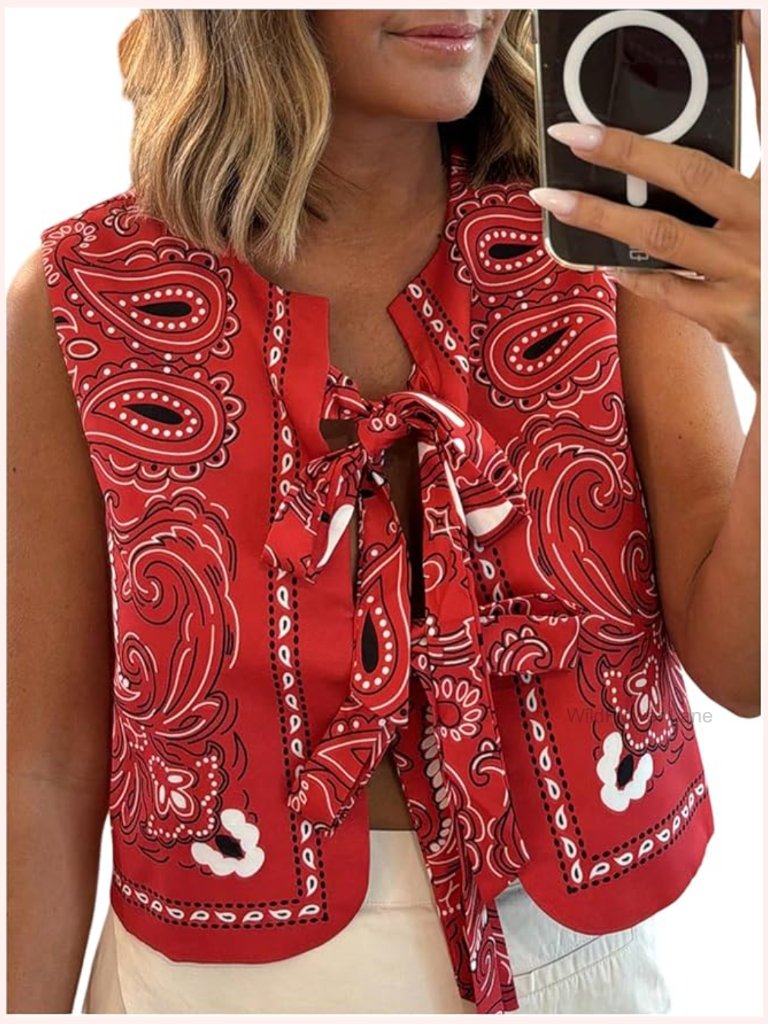 Woven Sleeveless Tank Top With Tie Front & Paisley Print - Regular Fit